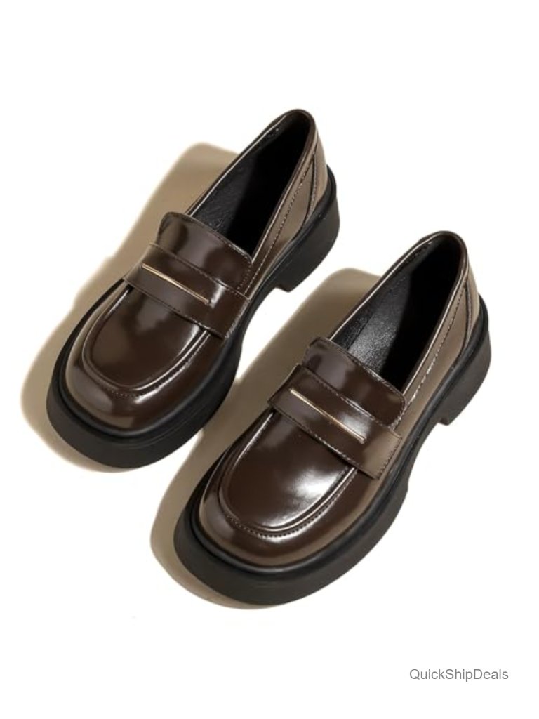 Women's Leather Chunky Platform Loafers Slip-On Comfort Cushioned Work Shoes